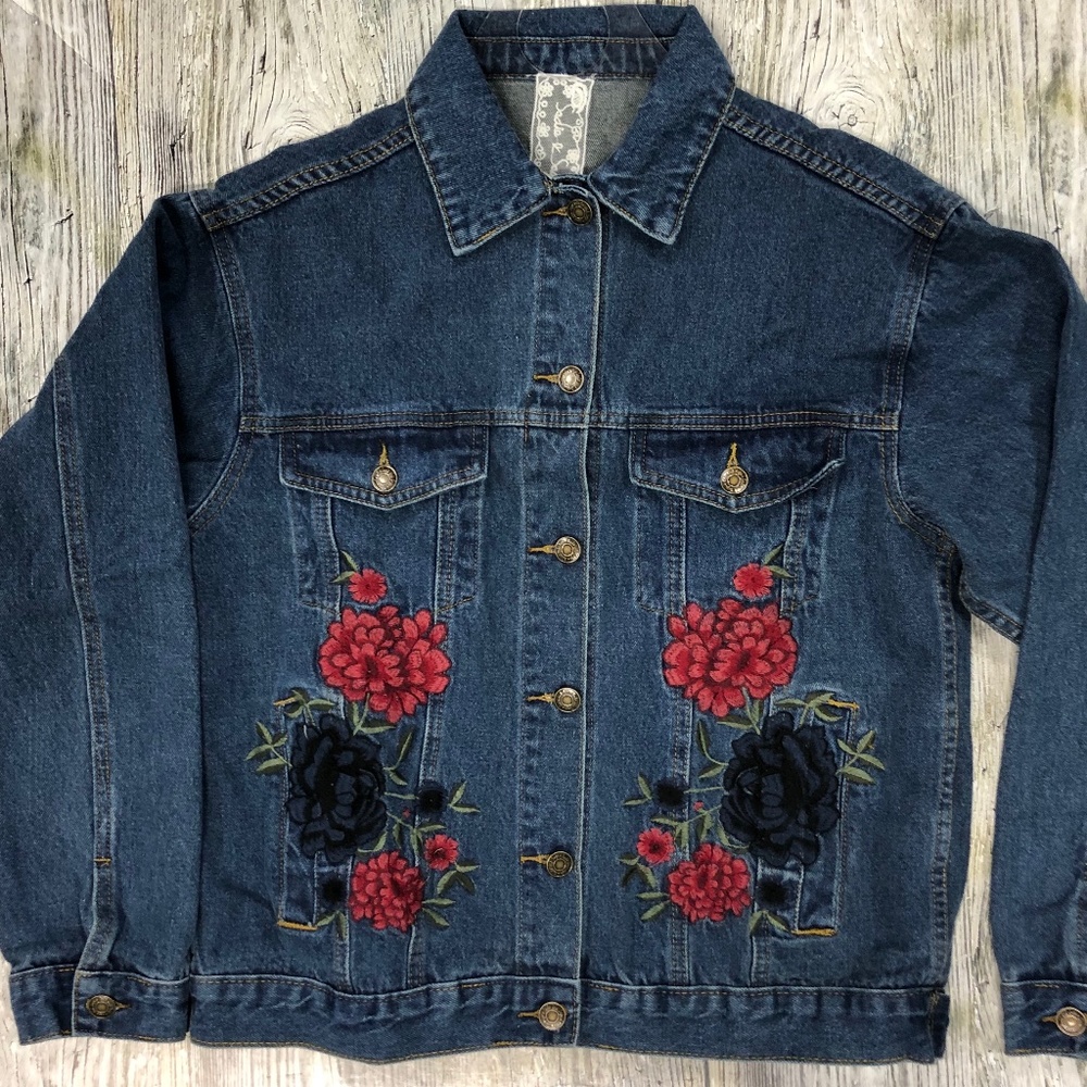 Sadie & Sage Denim Floral Embroidered Jean Jacket